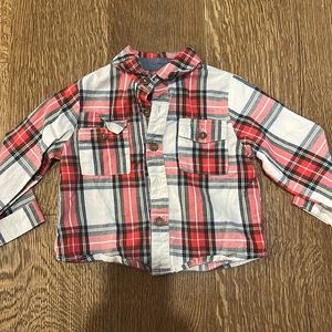 Pink chicken / Blue rooster plaid shirt 12-18 size